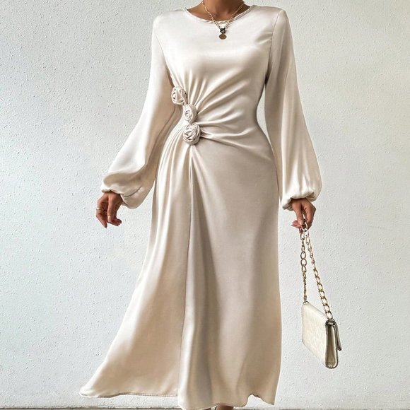 Apricot Preppy WomensWomen's Round Neck 3d Flower Decorated Lantern Sleeve Dress - Picture 3 of 5